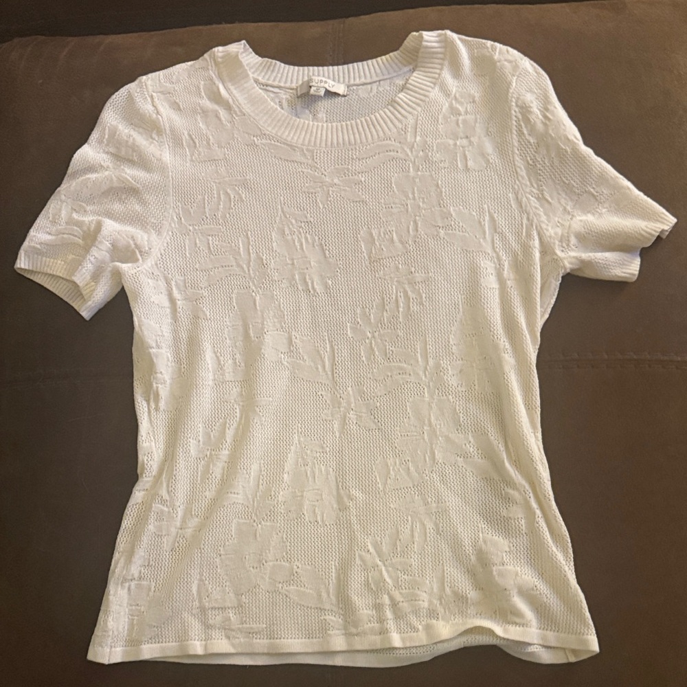 Z Supply White Floral Textured Short Sleeve Tee